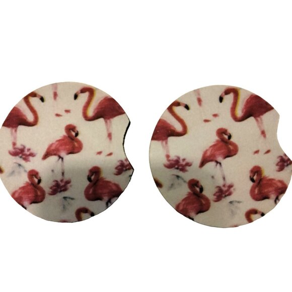 Pink Flamingo Print Car Coasters Cup Holder Liner Tropical coastal Beachy Tiki - Picture 1 of 5